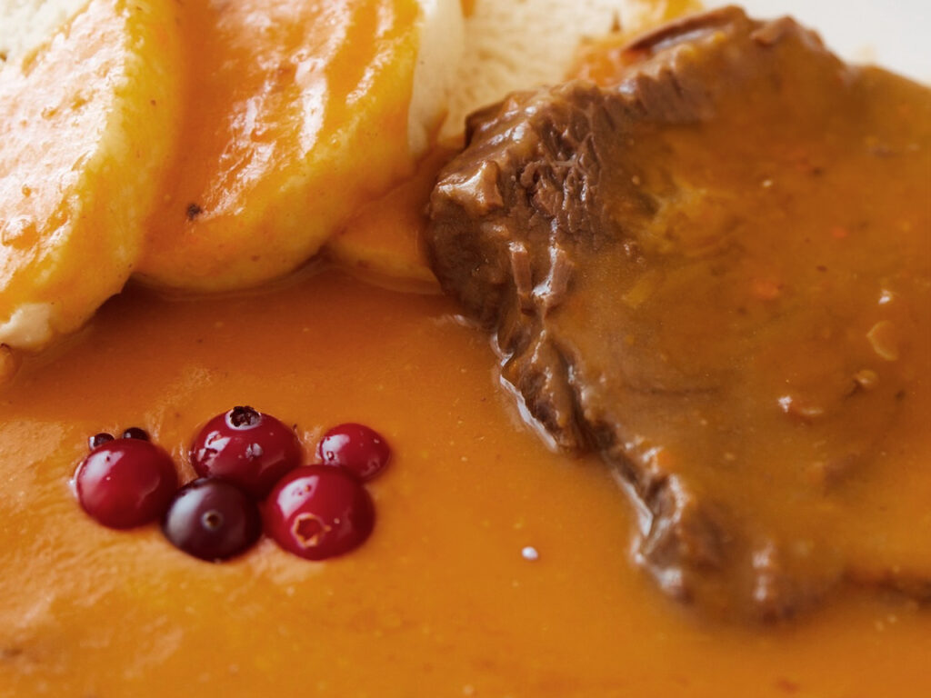 Beef Goulash and Bread Potatoes in Gravy with Cranberries