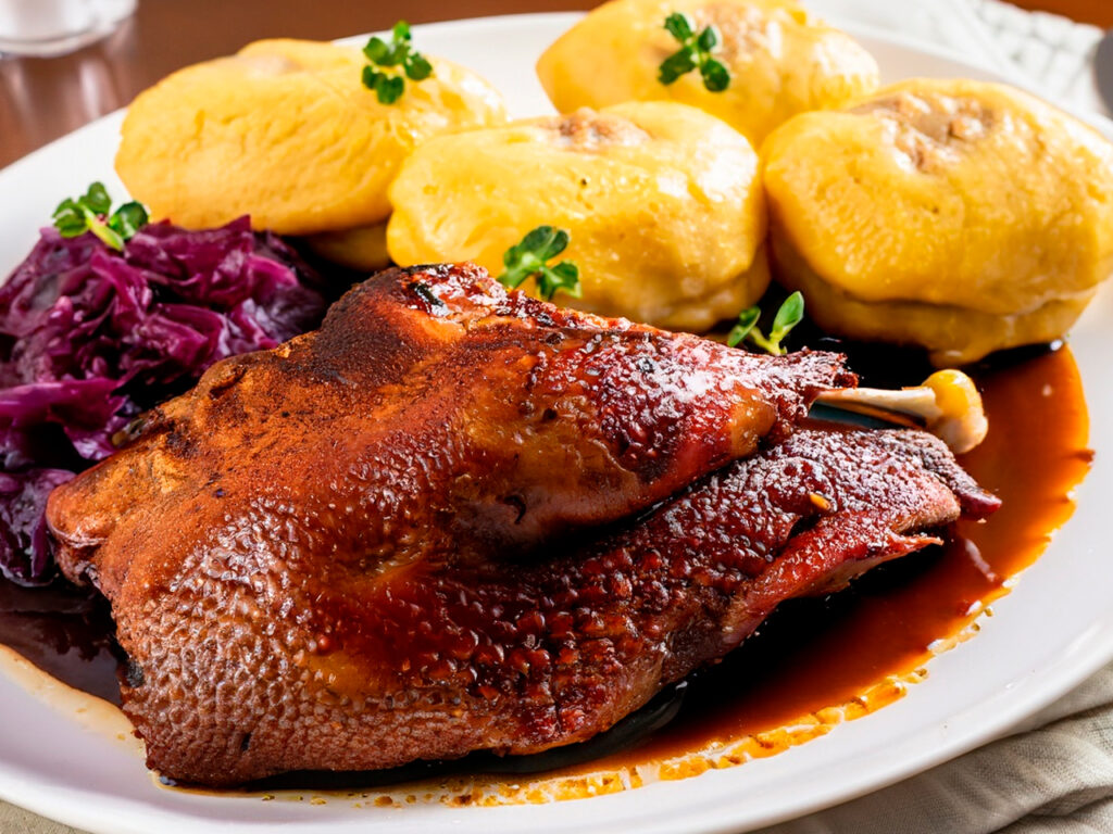 Roasted Duck, Dumplings and Red Cabbage in Gravy